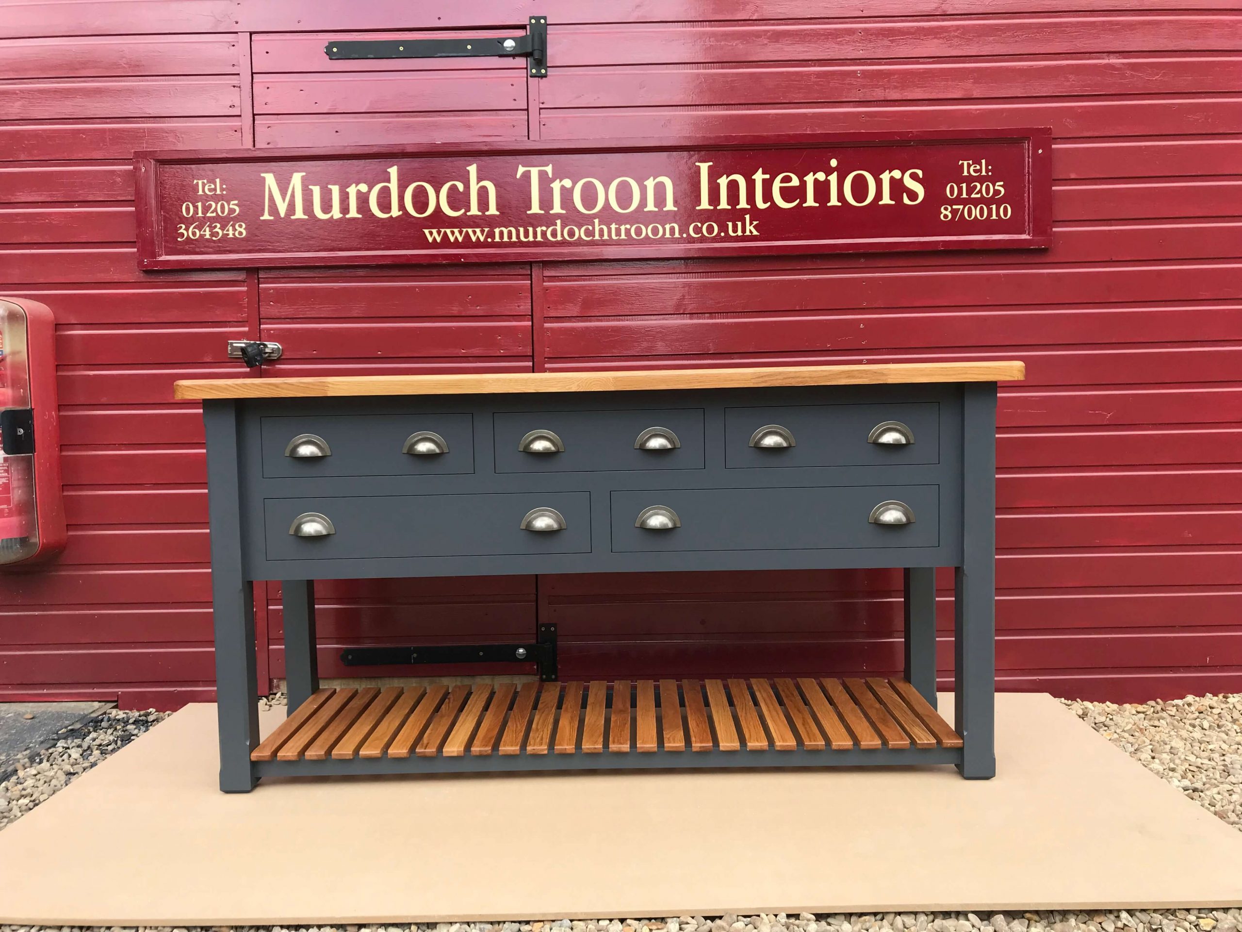 1800mm x 600mm butcher's block with five drawers over a slatted oak shelf 1 1800mm x 600mm butcher's block with five drawers over a slatted oak shelf